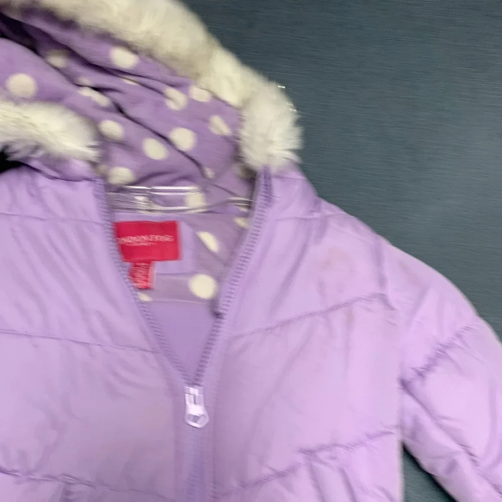 London Fog Puffer Jacket Girls S/4 Purple Faux Fur Trim Hood Fleece Lined Warm